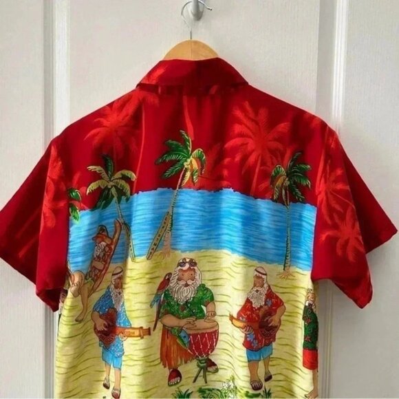 Rima Mens Hawaiian Santa Shirt Short Sleeve Button Front Red Blue Yellow Medium - Picture 6 of 13